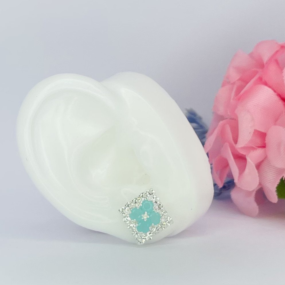 Brinco quadrado azul turquesa cravejado ref 2909