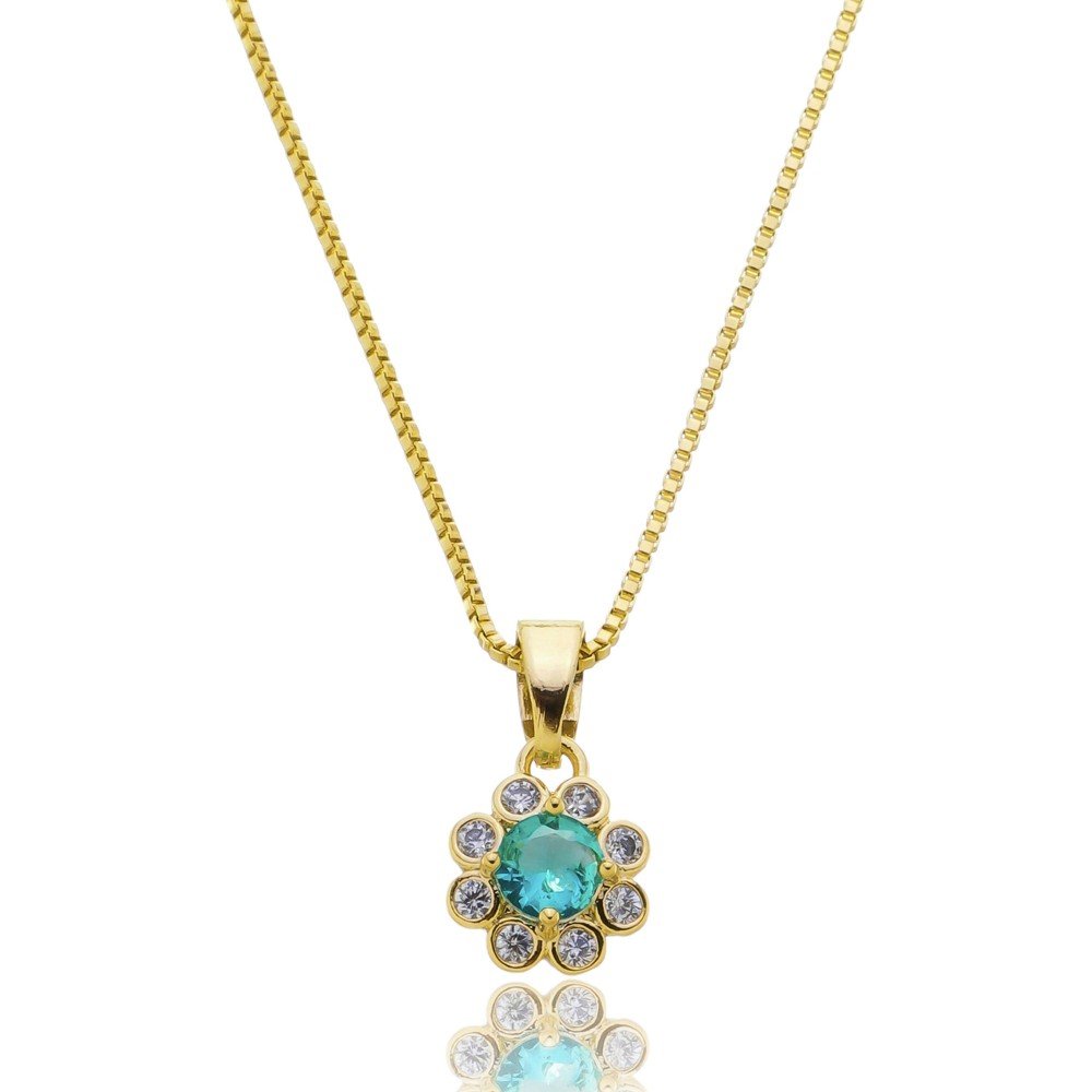 Colar florzinha verde cravejada dourado ref 2132