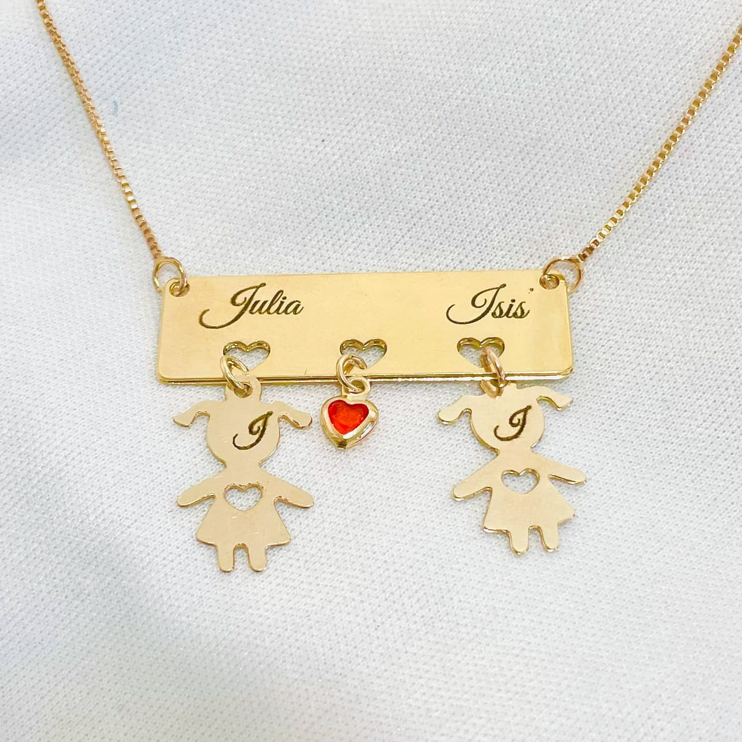 Colar Personalizado Dois Filhos Canga Três Corações Dourado Ref 2842