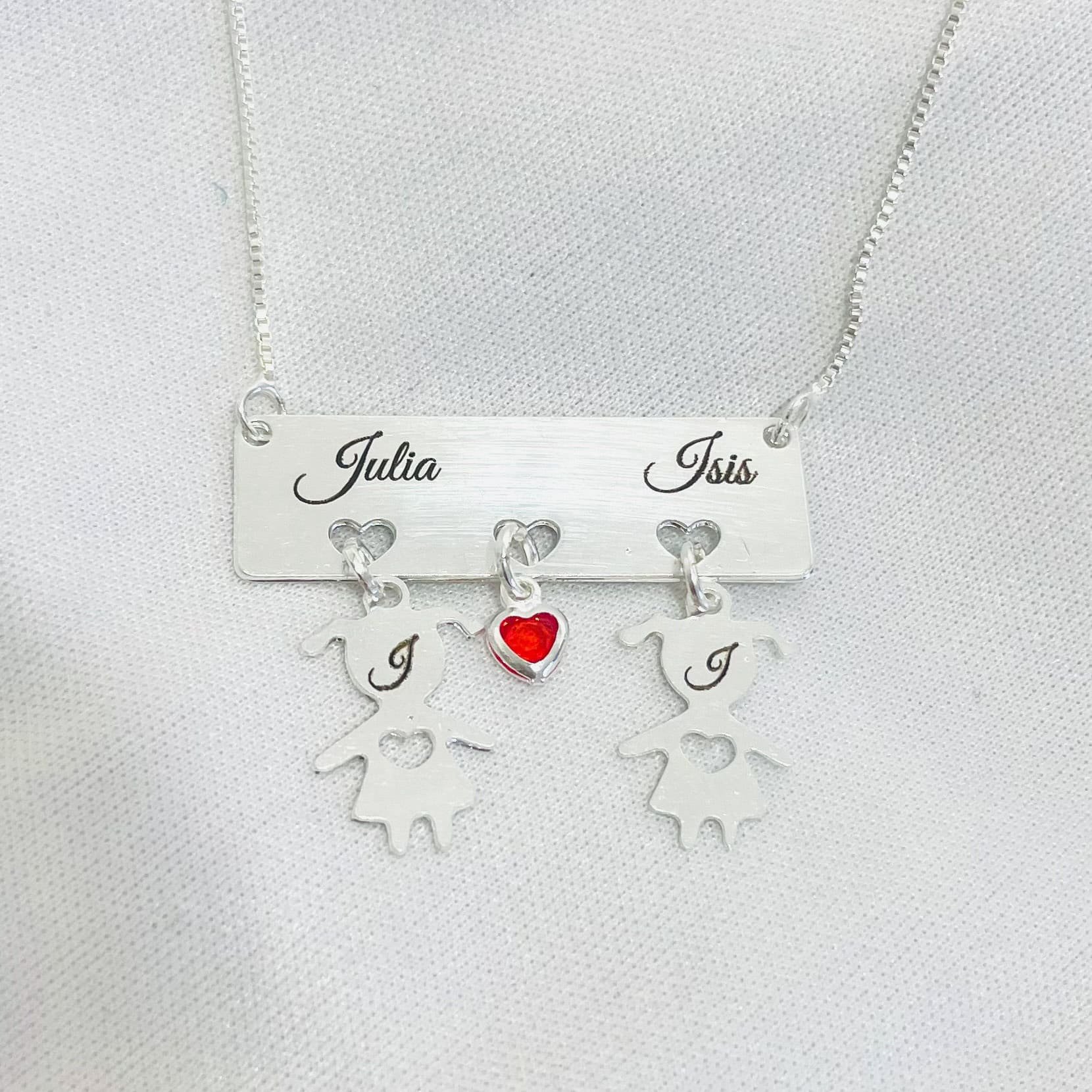 Colar Personalizado Dois Filhos Canga Três Corações Ref 2841