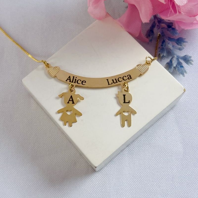 Colar Personalizado Filhos Canga Coração Dourado Ref 2844