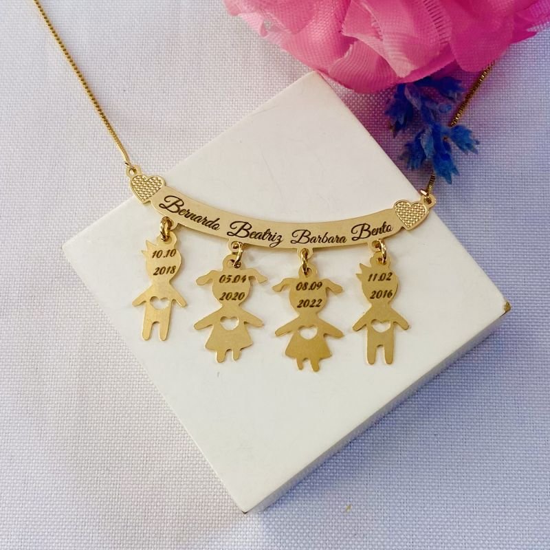 Colar Personalizado Filhos Canga Coração Dourado Ref 2844