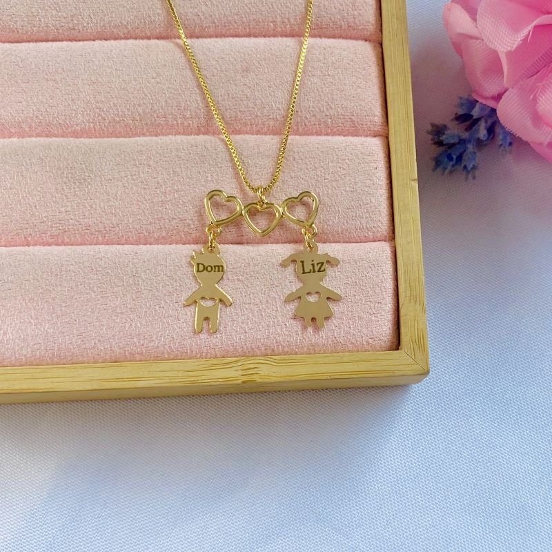 Colar Personalizado Filhos Canga Corações Vazados Dourado Ref 2846