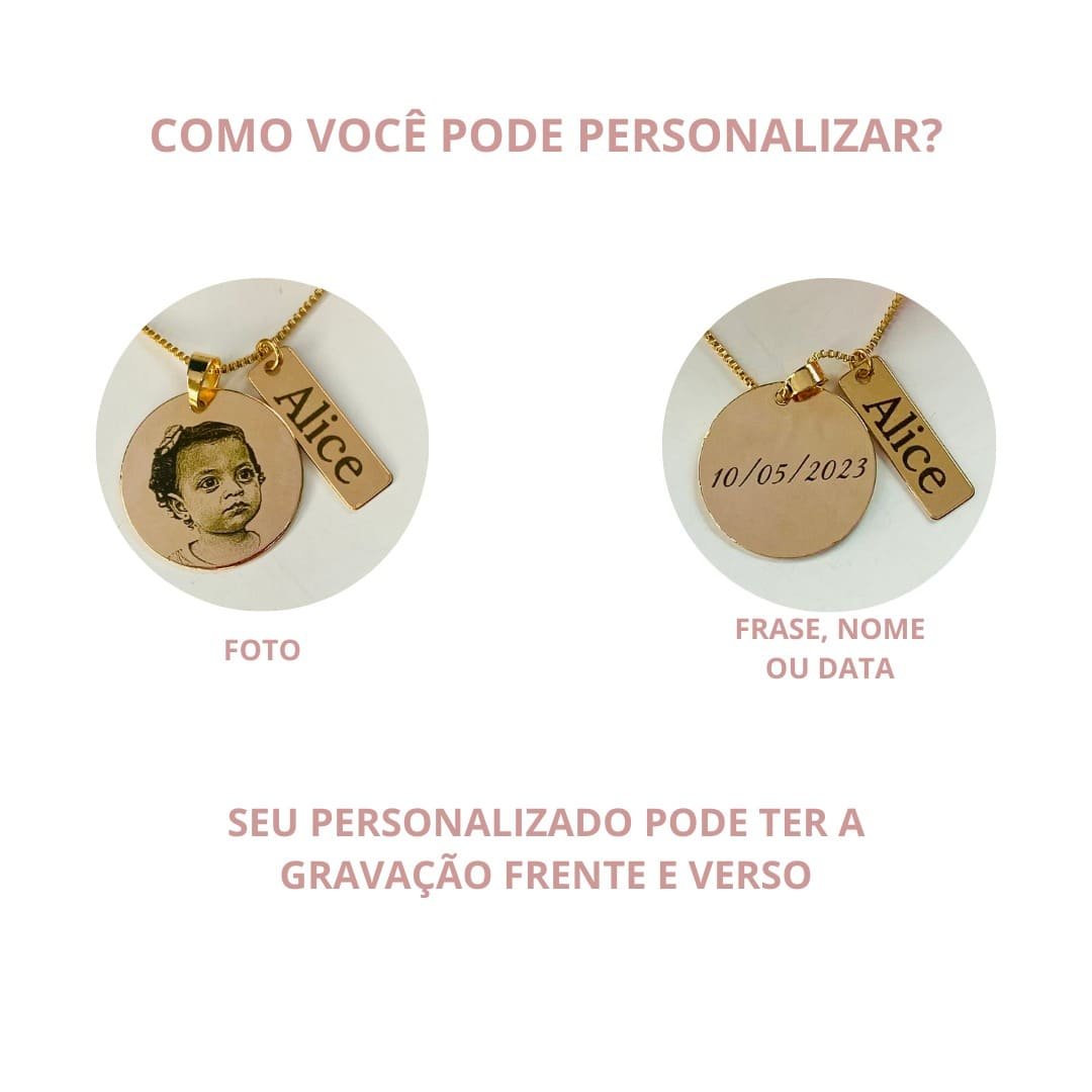 Colar Personalizado Medalha M + Plaquinha P Dourado Ref 2856
