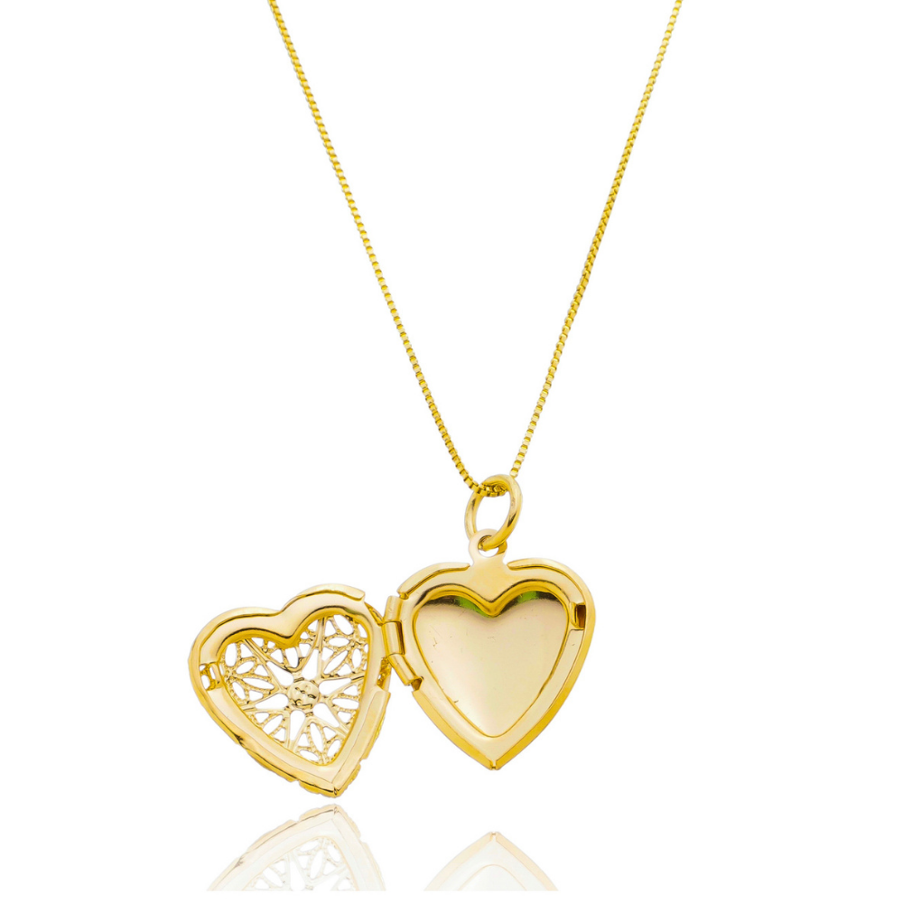 Colar relicário coração rendinha dourado ref 1236